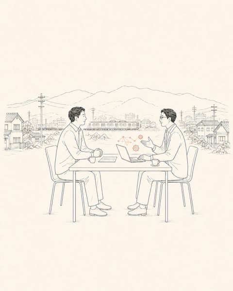 所沢の街並みを背景に、机を挟んで対話する2人のイラスト