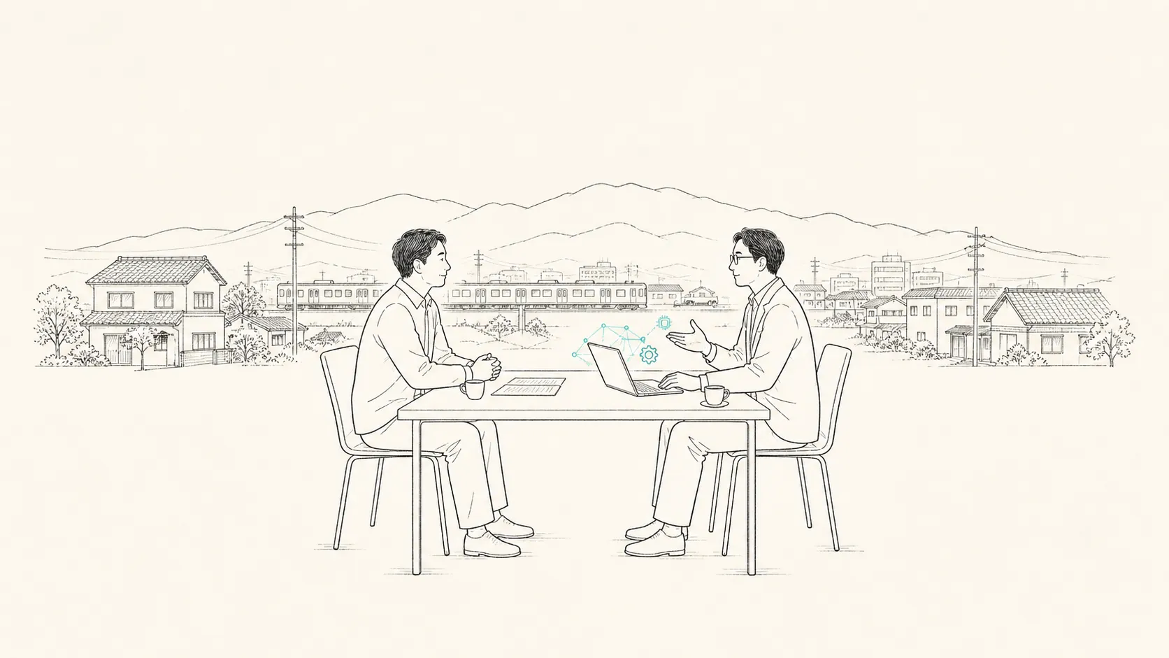 所沢の街並みを背景に、机を挟んで対話する2人のイラスト